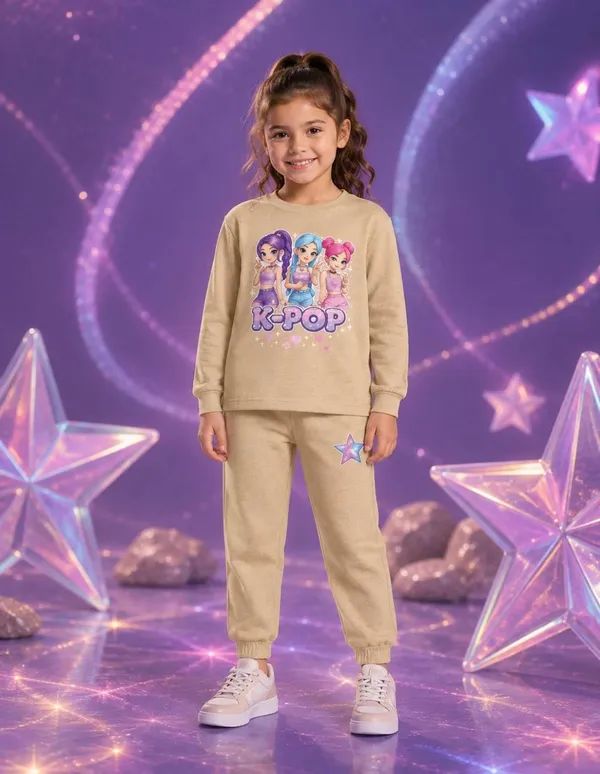NUSYL_Girls_Beige_K-pop_Text_Printed_Cotton_Blend_T-shirts_and_Joggers_|_Girls's_Regular_Length_T-shirts_and_Regular_Jogger