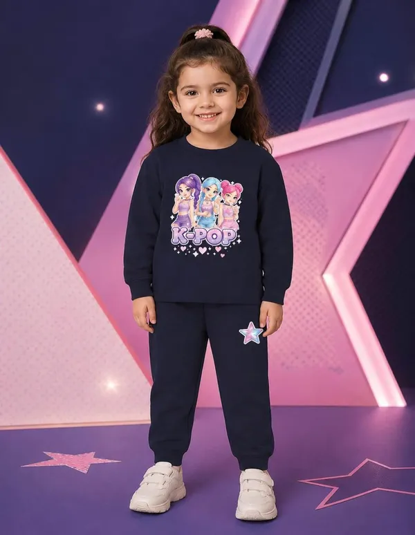 NUSYL_Girls_Navy_K-pop_Text_Printed_Cotton_Blend_T-shirts_and_Joggers_|_Girls's_Regular_Length_T-shirts_and_Regular_Jogger