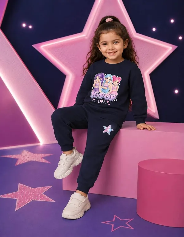 NUSYL_Girls_Navy_K-pop_Text_Printed_Cotton_Blend_T-shirts_and_Joggers_|_Girls's_Regular_Length_T-shirts_and_Regular_Jogger