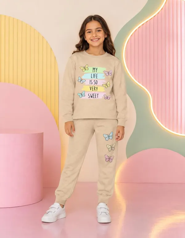NUSYL_Girls_Beige_Butterfly_Printed_Cotton_Blend_T-shirts_and_Joggers_|_Girls's_Regular_Length_T-shirts_and_Regular_Jogger