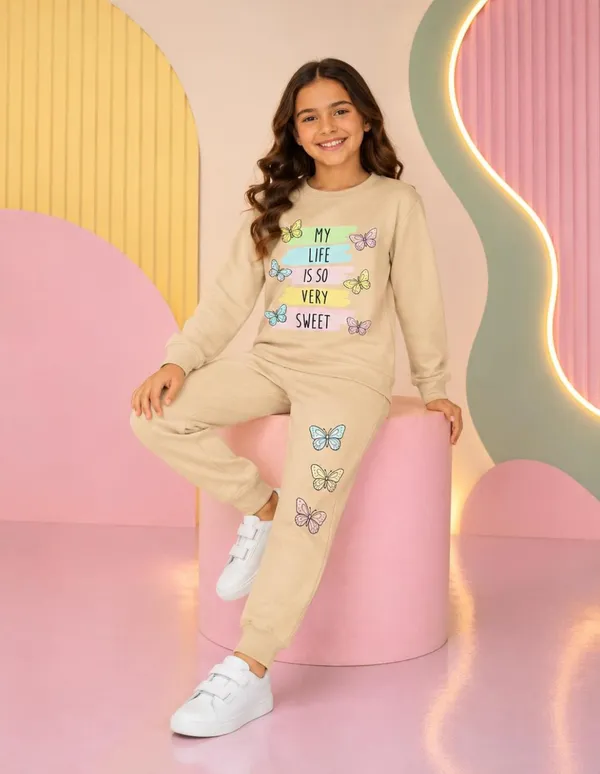 NUSYL_Girls_Beige_Butterfly_Printed_Cotton_Blend_T-shirts_and_Joggers_|_Girls's_Regular_Length_T-shirts_and_Regular_Jogger