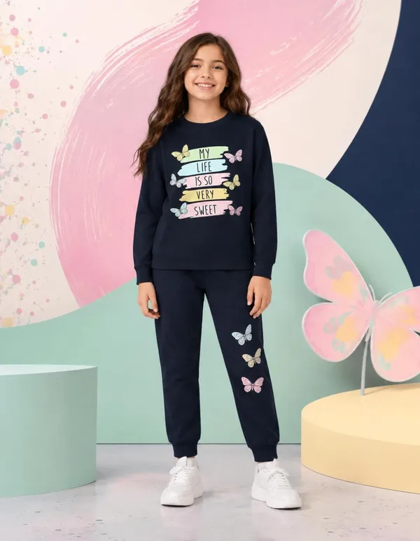 NUSYL_Girls_Navy_Butterfly_Printed_Cotton_Blend_T-shirts_and_Joggers_|_Girls's_Regular_Length_T-shirts_and_Regular_Jogger