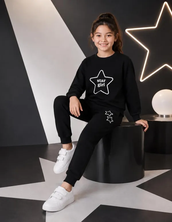 NUSYL_Girls_Black_Star_Girl_Text_Printed_Cotton_Blend_T-shirts_and_Joggers_|_Girls's_Regular_Length_T-shirts_and_Regular_Jogger