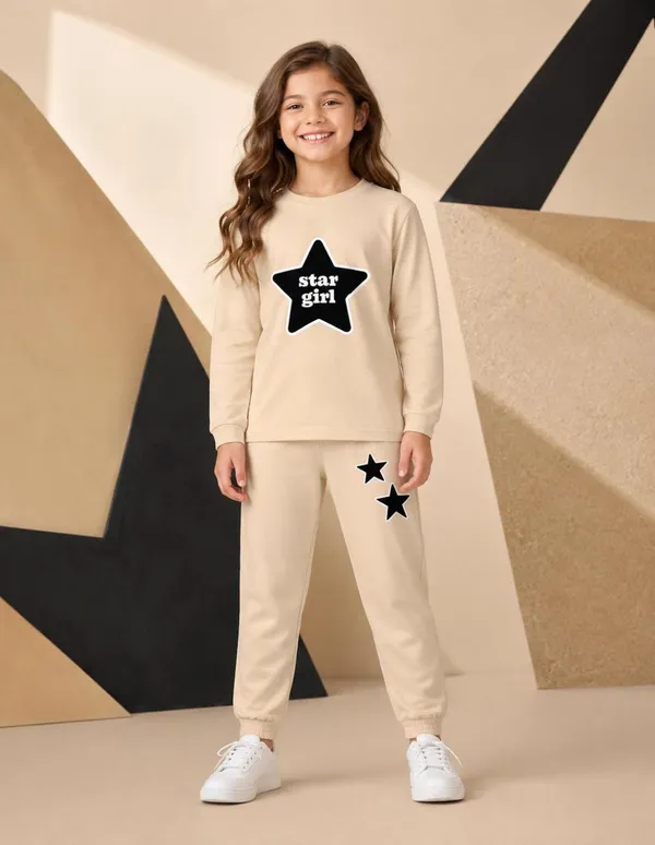 NUSYL_Girls_Beige_Star_Girl_Text_Printed_Cotton_Blend_T-shirts_and_Joggers_|_Girls's_Regular_Length_T-shirts_and_Regular_Jogger