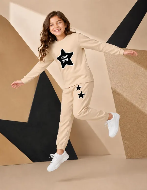 NUSYL_Girls_Beige_Star_Girl_Text_Printed_Cotton_Blend_T-shirts_and_Joggers_|_Girls's_Regular_Length_T-shirts_and_Regular_Jogger