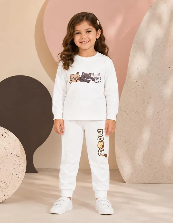 NUSYL_Girls_White_Cat_Printed_Cotton_Blend_T-shirts_and_Joggers_|_Girls's_Regular_Length_T-shirts_and_Regular_Jogger
