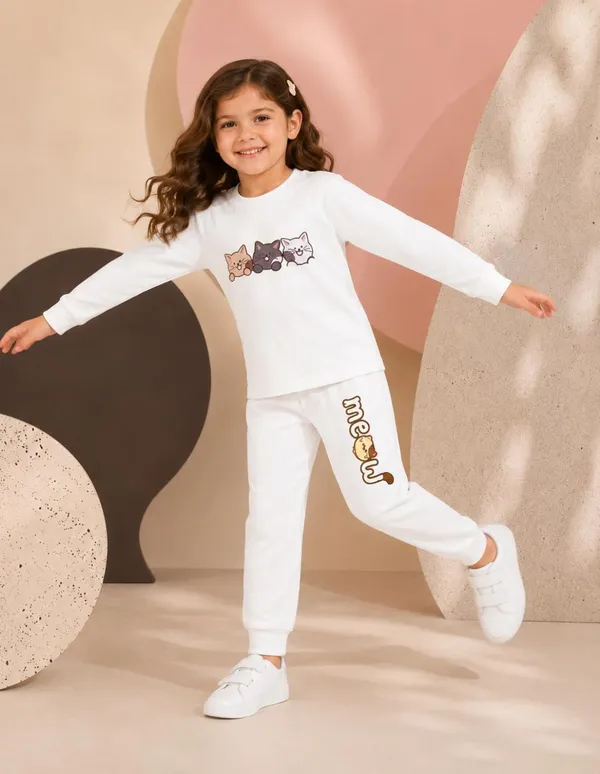 NUSYL_Girls_White_Cat_Printed_Cotton_Blend_T-shirts_and_Joggers_|_Girls's_Regular_Length_T-shirts_and_Regular_Jogger