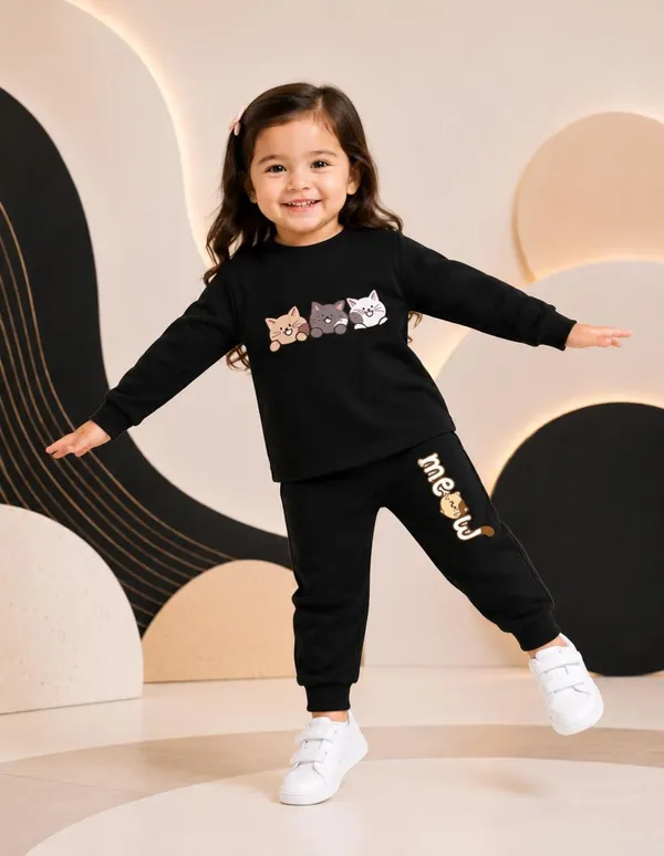 NUSYL_Girls_Black_Cat_Printed_Cotton_Blend_T-shirts_and_Joggers_|_Girls's_Regular_Length_T-shirts_and_Regular_Jogger
