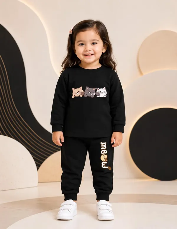 NUSYL_Girls_Black_Cat_Printed_Cotton_Blend_T-shirts_and_Joggers_|_Girls's_Regular_Length_T-shirts_and_Regular_Jogger