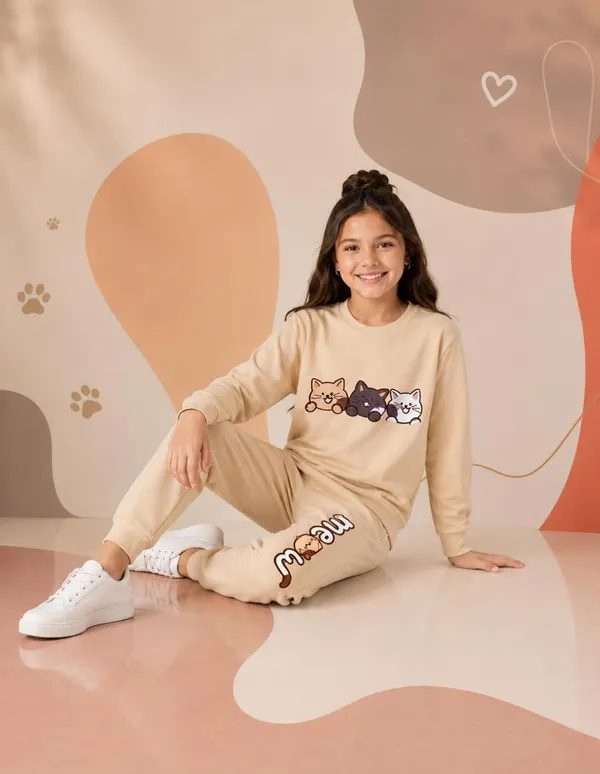 NUSYL_Girls_Beige_Cat_Printed_Cotton_Blend_T-shirts_and_Joggers_|_Girls's_Regular_Length_T-shirts_and_Regular_Jogger