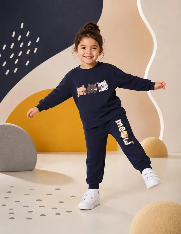 NUSYL_Girls_Navy_Cat_Printed_Cotton_Blend_T-shirts_and_Joggers_|_Girls's_Regular_Length_T-shirts_and_Regular_Jogger