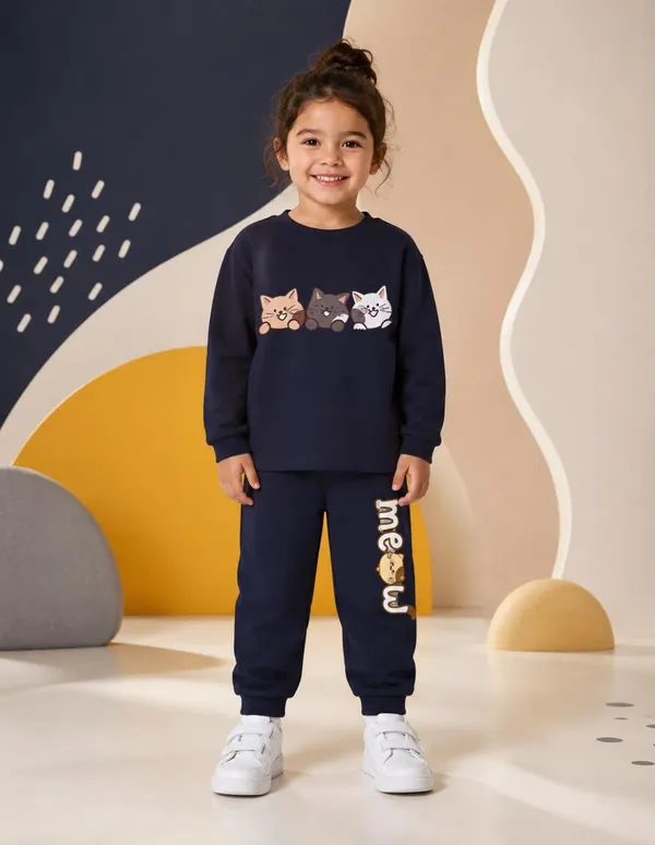 NUSYL_Girls_Navy_Cat_Printed_Cotton_Blend_T-shirts_and_Joggers_|_Girls's_Regular_Length_T-shirts_and_Regular_Jogger