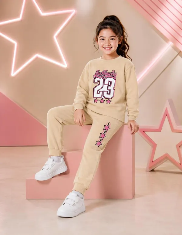 NUSYL_Girls_Beige_Los_Angeles_Text_Printed_Cotton_Blend_T-shirts_and_Joggers_|_Girls's_Regular_Length_T-shirts_and_Regular_Jogger