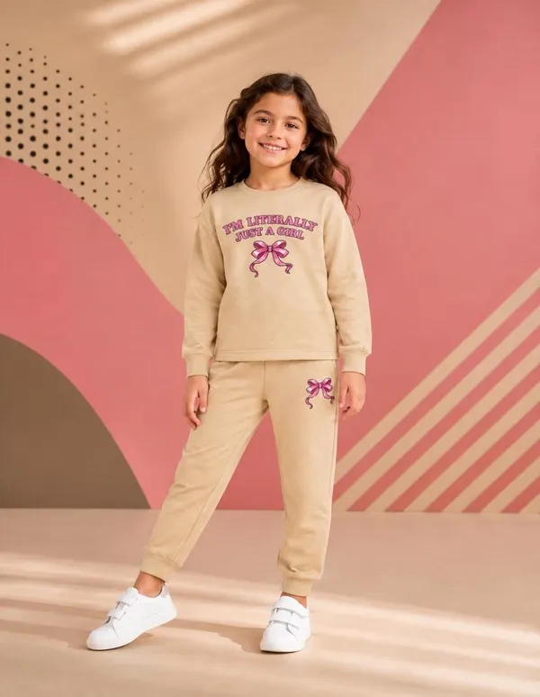 NUSYL_Girls_Beige_Just_a_girl_Text_Printed_Cotton_Blend_T-shirts_and_Joggers_|_Girls's_Regular_Length_T-shirts_and_Regular_Jogger