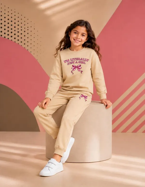 NUSYL_Girls_Beige_Just_a_girl_Text_Printed_Cotton_Blend_T-shirts_and_Joggers_|_Girls's_Regular_Length_T-shirts_and_Regular_Jogger