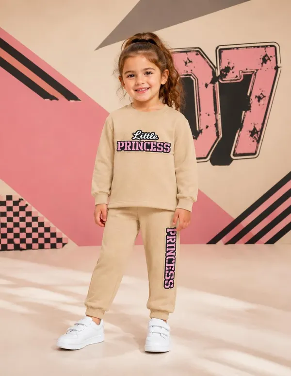 NUSYL_Girls_Beige_Little_Princess_Text_Printed_Cotton_Blend_T-shirts_and_Joggers_|_Girls's_Regular_Length_T-shirts_and_Regular_Jogger