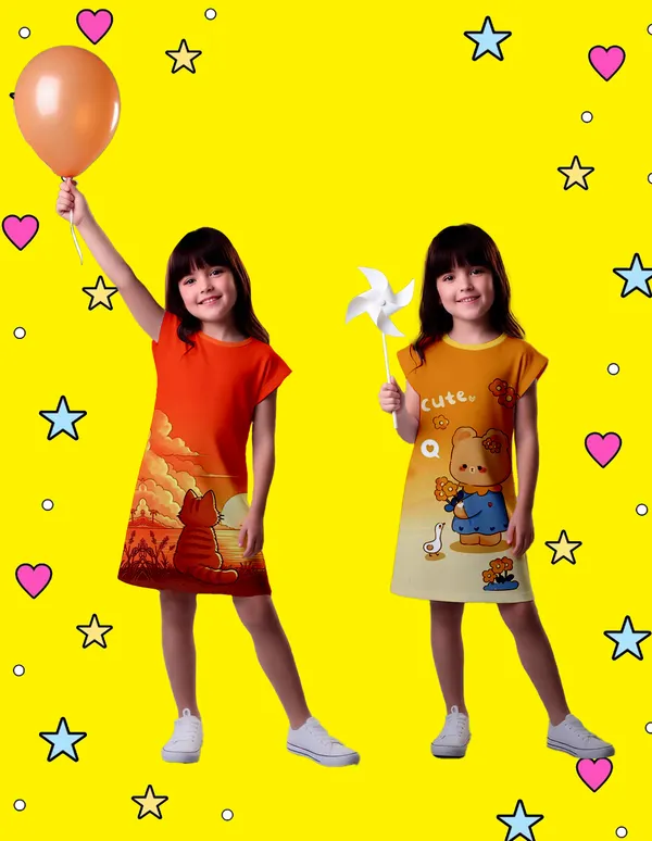 Nusyl_Girls_Yellow_&_Orange_Cat_Printed_&_Cute_Text_Printed_Dresses_Pack_Of_2_Soft_&_Comfortable_Dresses_Cozy_Summer_Wear_For_Kids_&_Teen_Girls