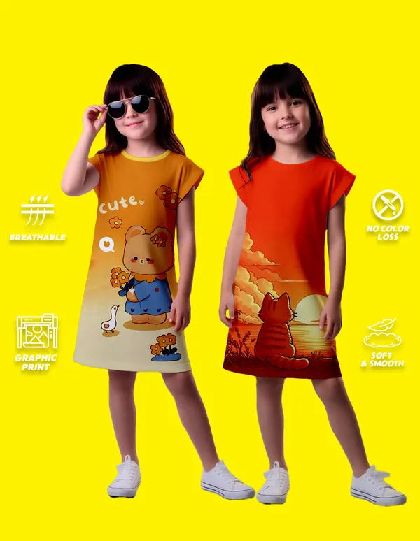 Nusyl_Girls_Yellow_&_Orange_Cat_Printed_&_Cute_Text_Printed_Dresses_Pack_Of_2_Soft_&_Comfortable_Dresses_Cozy_Summer_Wear_For_Kids_&_Teen_Girls