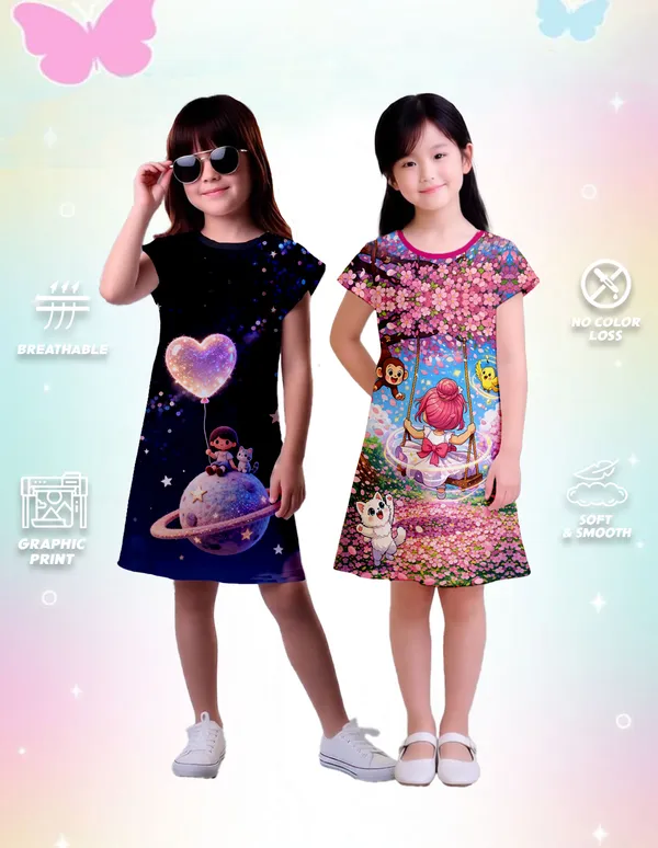 Nusyl_Girls_Hot_Pink_&_Black_Girl_Printed_&_Flower_Printed_Dresses_Pack_Of_2_Soft_&_Comfortable_Dresses_Cozy_Summer_Wear_For_Kids_&_Teen_Girls