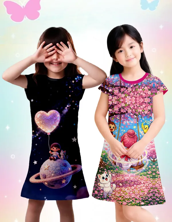 Nusyl_Girls_Hot_Pink_&_Black_Girl_Printed_&_Flower_Printed_Dresses_Pack_Of_2_Soft_&_Comfortable_Dresses_Cozy_Summer_Wear_For_Kids_&_Teen_Girls