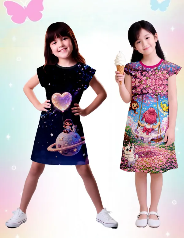 Nusyl_Girls_Hot_Pink_&_Black_Girl_Printed_&_Flower_Printed_Dresses_Pack_Of_2_Soft_&_Comfortable_Dresses_Cozy_Summer_Wear_For_Kids_&_Teen_Girls