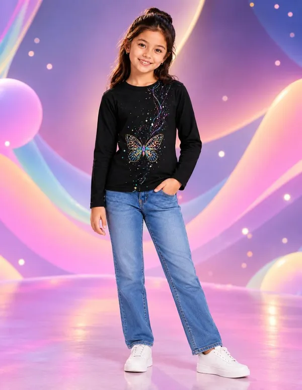 Nusyl_Girls_Pack_of_2_Black_Butterfly_Printed_&_Keep_Glowing_Text_Printed_Full_Sleeve_Tshirts