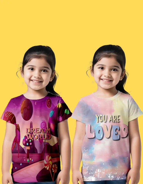 Nusyl_Girl_White_Dream_World_Text_Printed_&_Loved_Text_Printed_Half_Sleeves_Pack_Of_2_T_Shirts_Soft_&_Comfortable_Half_Sleeve_T_Shirts_Cozy_Summer_Wear_For_Kids_&_Teen_Girls
