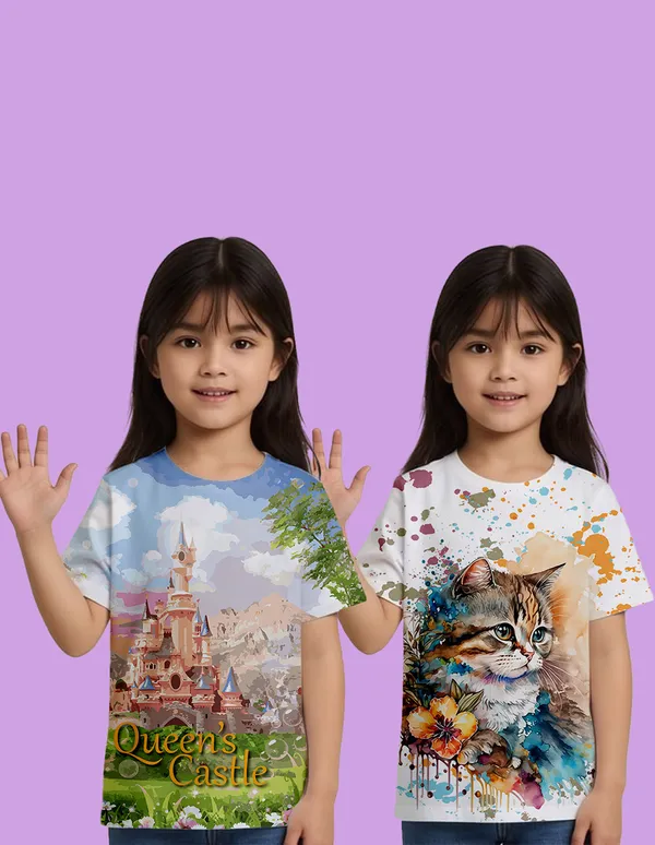 Nusyl_Girl_White_Cat_Printed_&_Queen'S_Castle_Text_Printed_Half_Sleeves_Pack_Of_2_T_Shirts_Soft_&_Comfortable_Half_Sleeve_T_Shirts_Cozy_Summer_Wear_For_Kids_&_Teen_Girls