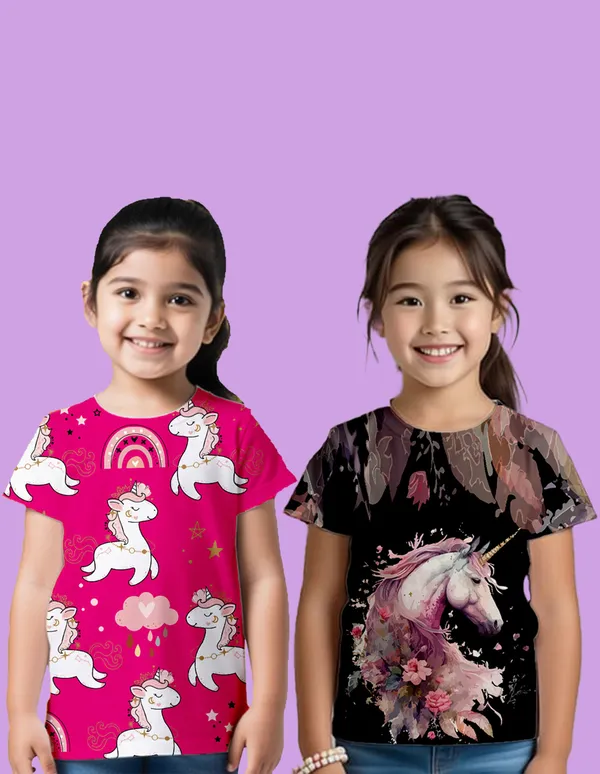 Nusyl_Girl_Hot_Pink_&_Black_Unicorn_Printed_&_Flower_Printed_Half_Sleeves_Pack_Of_2_T_Shirts_Soft_&_Comfortable_Half_Sleeve_T_Shirts_Cozy_Summer_Wear_For_Kids_&_Teen_Girls