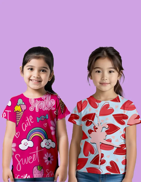 Nusyl_Girl_Hot_Pink_&_Sky_Blue_Dancing_Girl_Printed_&_Smile_Text_Printed_Half_Sleeves_Pack_Of_2_T_Shirts_Soft_&_Comfortable_Half_Sleeve_T_Shirts_Cozy_Summer_Wear_For_Kids_&_Teen_Girls
