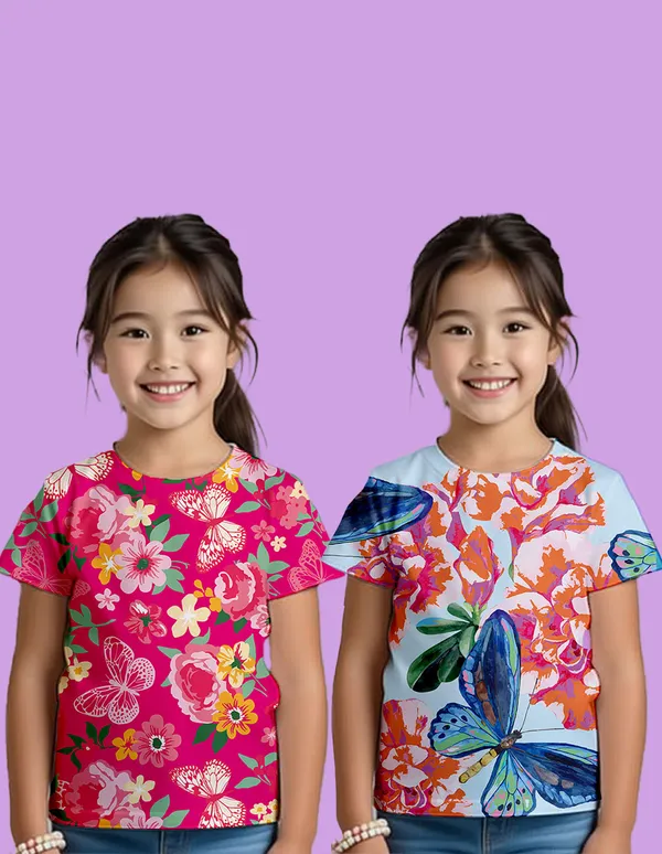 Nusyl_Girl_Hot_Pink_&_Sky_Blue_Flower_Printed_&_Butterfly_Printed_Half_Sleeves_Pack_Of_2_T_Shirts_Soft_&_Comfortable_Half_Sleeve_T_Shirts_Cozy_Summer_Wear_For_Kids_&_Teen_Girls