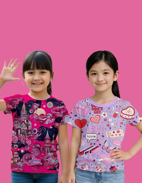 Nusyl_Girl_Hot_Pink_&_Lilac_Castle_Printed_&_Cute_Text_Printed_Half_Sleeves_Pack_Of_2_T_Shirts_Soft_&_Comfortable_Half_Sleeve_T_Shirts_Cozy_Summer_Wear_For_Kids_&_Teen_Girls