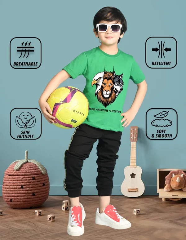 Nusyl_Boy_Green_&_Red_Lion_Printed_&_Wild_Text_Printed_Drop_Shoulder_T_Shirts_Pack_Of_2_Soft_&_Comfortable_Drop_Shoulder_T_Shirts_Cozy_Summer_Wear_For_Kids_&_Teen_Boys