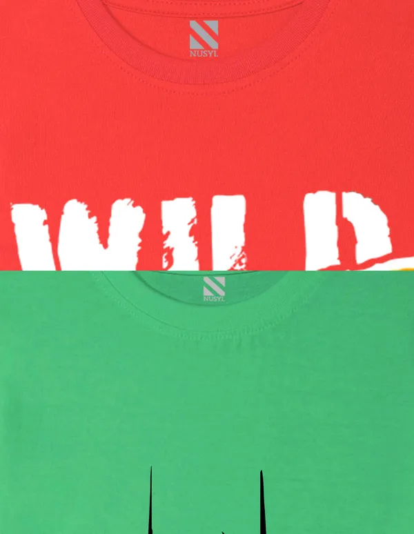 Nusyl_Boy_Green_&_Red_Lion_Printed_&_Wild_Text_Printed_Drop_Shoulder_T_Shirts_Pack_Of_2_Soft_&_Comfortable_Drop_Shoulder_T_Shirts_Cozy_Summer_Wear_For_Kids_&_Teen_Boys