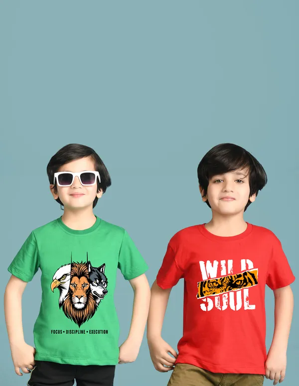 Nusyl_Boy_Green_&_Red_Lion_Printed_&_Wild_Text_Printed_Drop_Shoulder_T_Shirts_Pack_Of_2_Soft_&_Comfortable_Drop_Shoulder_T_Shirts_Cozy_Summer_Wear_For_Kids_&_Teen_Boys