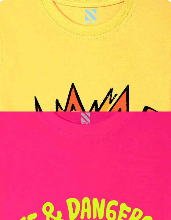 Nusyl_Boy_Yellow_&_Hot_Pink_Cats_Printed_&_Dangerous_Text_Printed_Drop_Shoulder_T_Shirts_Pack_Of_2_Soft_&_Comfortable_Drop_Shoulder_T_Shirts_Cozy_Summer_Wear_For_Kids_&_Teen_Boys