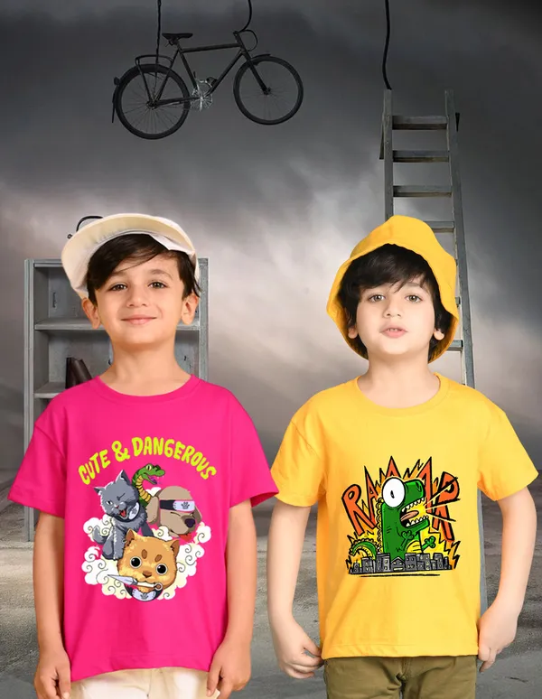 Nusyl_Boy_Yellow_&_Hot_Pink_Cats_Printed_&_Dangerous_Text_Printed_Drop_Shoulder_T_Shirts_Pack_Of_2_Soft_&_Comfortable_Drop_Shoulder_T_Shirts_Cozy_Summer_Wear_For_Kids_&_Teen_Boys