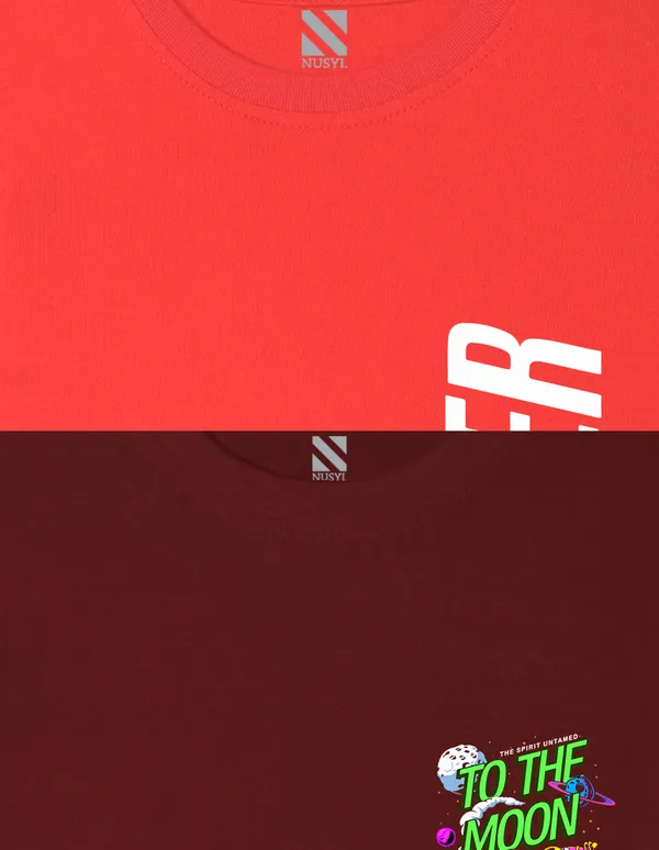 Nusyl_Boy_Red_&_Wine_Moon_Text_Printed_&_Space_Text_Printed_Drop_Shoulder_T_Shirts_Pack_Of_2_Soft_&_Comfortable_Drop_Shoulder_T_Shirts_Cozy_Summer_Wear_For_Kids_&_Teen_Boys
