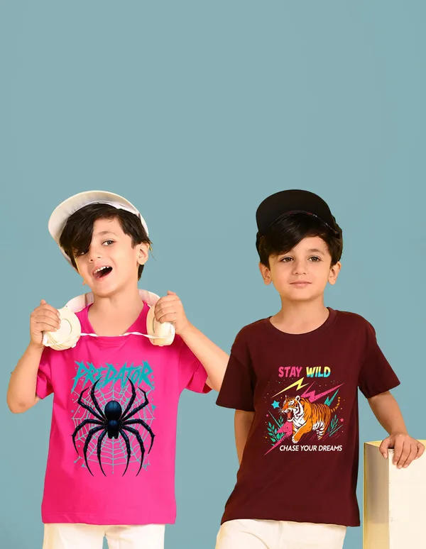 Nusyl_Boy_Hot_Pink_&_Wine_Spider_Printed_&_Tiger_Printed_Drop_Shoulder_T_Shirts_Pack_Of_2_Soft_&_Comfortable_Drop_Shoulder_T_Shirts_Cozy_Summer_Wear_For_Kids_&_Teen_Boys