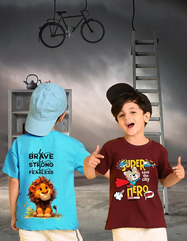 Nusyl_Boy_Sky_Blue_&_Wine_Lion_Printed_&_Cat_Printed_Drop_Shoulder_T_Shirts_Pack_Of_2_Soft_&_Comfortable_Drop_Shoulder_T_Shirts_Cozy_Summer_Wear_For_Kids_&_Teen_Boys