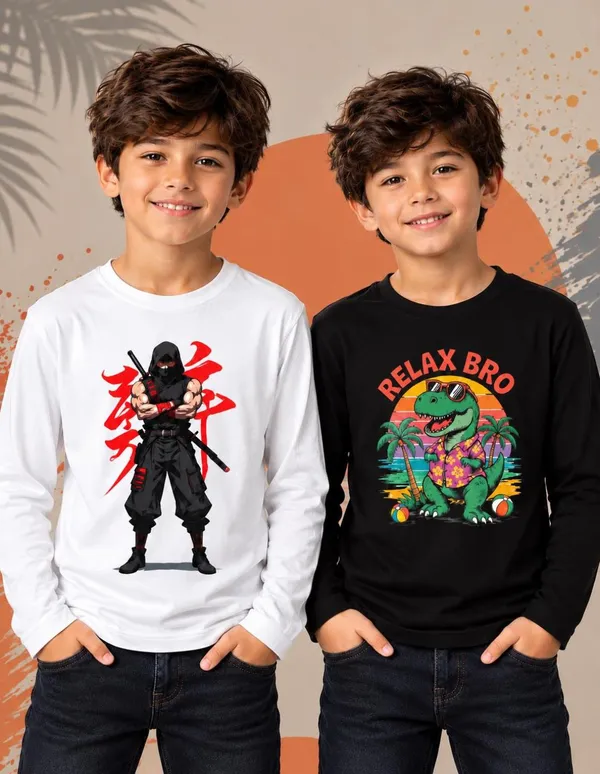 Nusyl_Boys_Pack_of_2_White_&_Black_Anime_Printed_&_Dinosaur_Printed_&_Relax_Bro_Text_Printed_Full_Sleeve_Tshirts