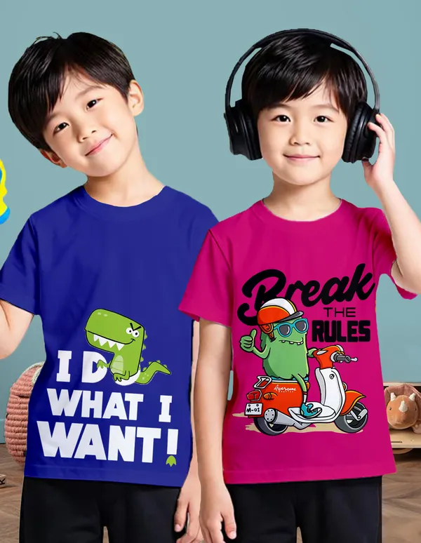 Nusyl_Boy_Hot_Pink_&_Royal_Blue_Do_Want_Text_Printed_&_Rules_Text_Printed_Half_Sleeves_T_Shirt_Pack_Of_2_Soft_&_Comfortable_Half_Sleeve_T_Shirt_Cozy_Summer_Wear_For_Kids_&_Teen_Boys