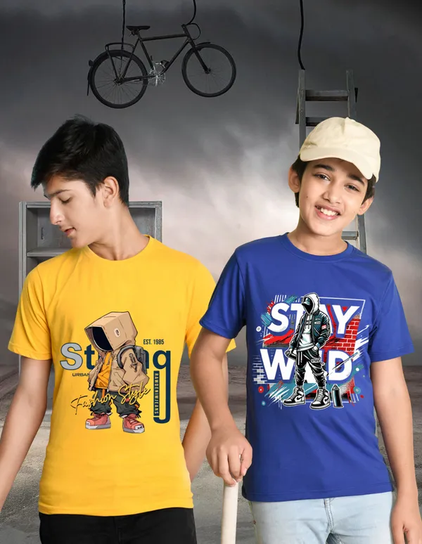 Nusyl_Boy_Yellow_&_Royal_Blue_Street_Boys_Printed_&_Stay_Wild_Text_Printed_Half_Sleeves_T_Shirt_Pack_Of_2_Soft_&_Comfortable_Half_Sleeve_T_Shirt_Cozy_Summer_Wear_For_Kids_&_Teen_Boys