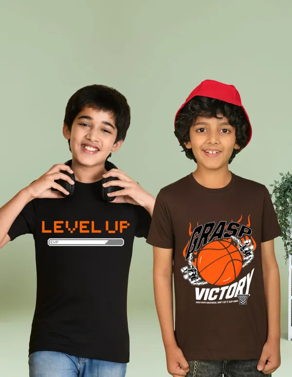 Nusyl_Boy_Brown_&_Black_Victory_Text_Printed_&_Level_Up_Text_Printed_Half_Sleeves_T_Shirt_Pack_Of_2_Soft_&_Comfortable_Half_Sleeve_T_Shirt_Cozy_Summer_Wear_For_Kids_&_Teen_Boys
