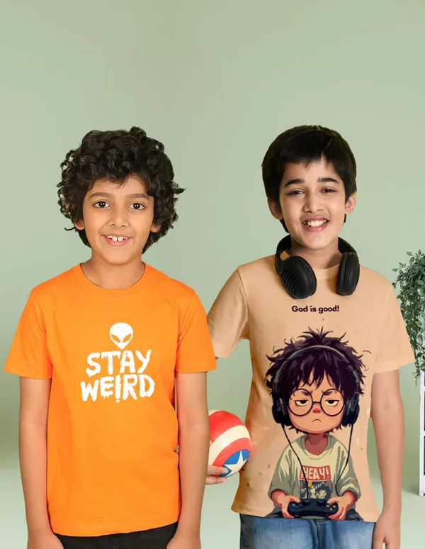 Nusyl_Boy_Orange_&_Beige_Stay_Weird_Text_Printed_&_Boy_Printed_Half_Sleeves_T_Shirt_Pack_Of_2_Soft_&_Comfortable_Half_Sleeve_T_Shirt_Cozy_Summer_Wear_For_Kids_&_Teen_Boys