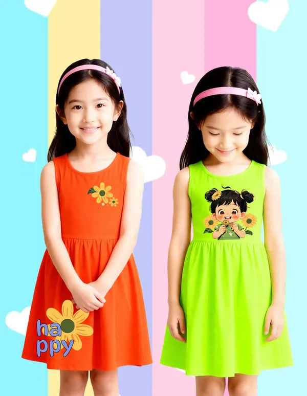 Nusyl_Girls_Orange_&_Green_Happy_Text_Printed_&_Flowers_Printed_Pack_Of_2_Dresses_Soft_&_Comfortable_Dresses_Cozy_Summer_Wear_For_Kids_&_Teen_Girls