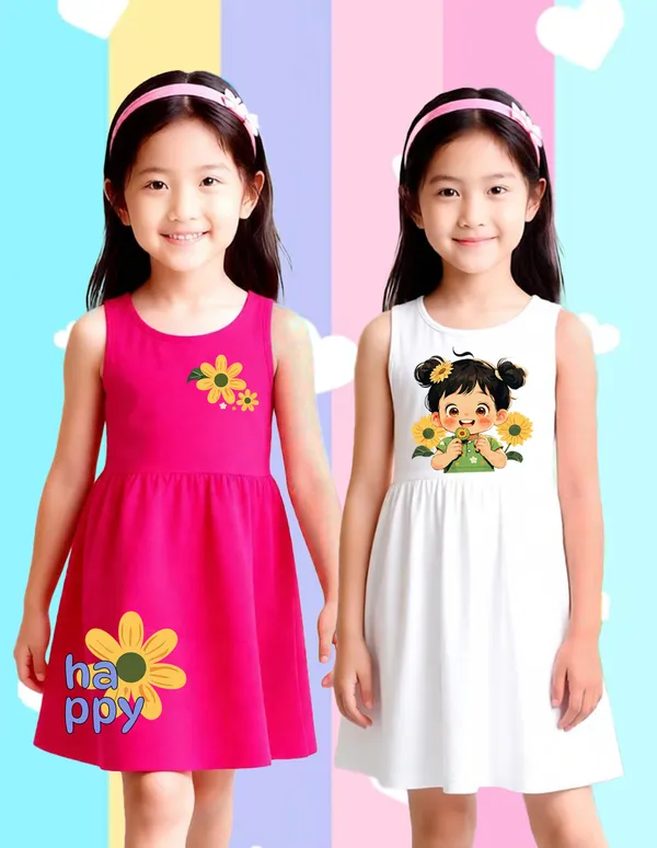 Nusyl_Girls_Hot_Pink_&_White_Girls_Printed_&_Sunflower_Printed_Pack_Of_2_Dresses_Soft_&_Comfortable_Dresses_Cozy_Summer_Wear_For_Kids_&_Teen_Girls
