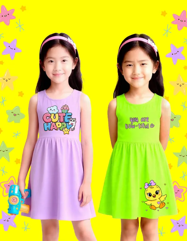 Nusyl_Girls_Lilac_&_Green_Cute_&_Happy_Text_Printed_Pack_Of_2_Dresses_Soft_&_Comfortable_Dresses_Cozy_Summer_Wear_For_Kids_&_Teen_Girls