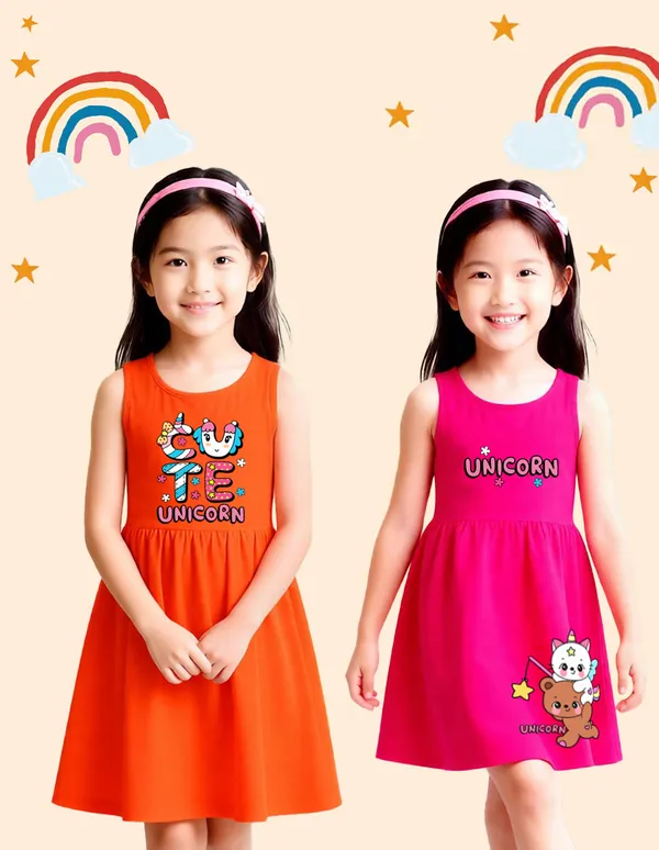 Nusyl_Girls_Orange_&_Hot_Pink_Cute_Unicorn_Text_Printed_Pack_Of_2_Dresses_Soft_&_Comfortable_Dresses_Cozy_Summer_Wear_For_Kids_&_Teen_Girls