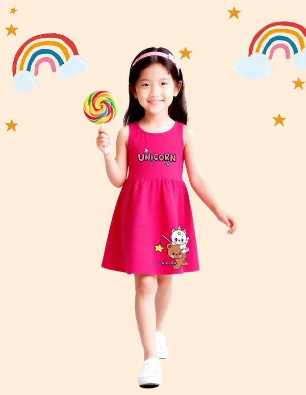 Nusyl_Girls_Orange_&_Hot_Pink_Cute_Unicorn_Text_Printed_Pack_Of_2_Dresses_Soft_&_Comfortable_Dresses_Cozy_Summer_Wear_For_Kids_&_Teen_Girls